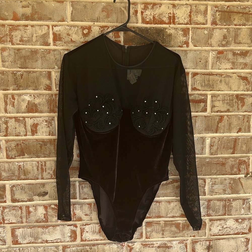 Neiman Marcus Natori Black Embellished Velvet‎ Sheer Bodysuit